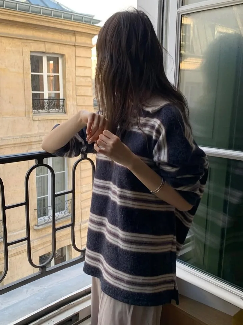 الرجعية الكورية فضفاضة كسول Sle المرأة البلوز خطوط أفقية بياقة أعلى الخريف الشتاء تصميم جديد تنوعا Faionable