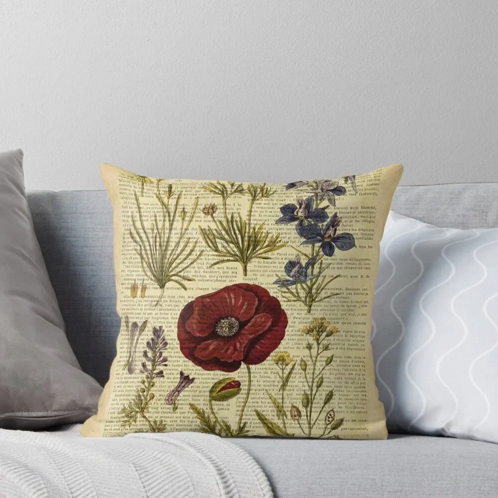 Botanical print, on old book page - flowers Throw Pillow Luxury Pillow Cover bed pillows Cusions Cover Pillow