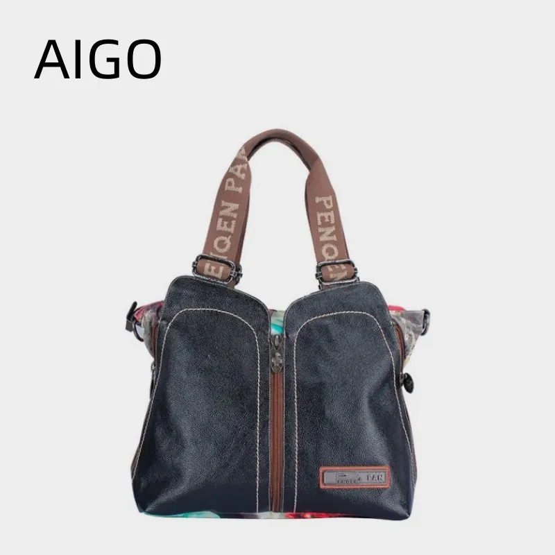

AIGO New Original Women Handbags Female Fashion Crossbody Bag Printing Shoulder Canvas Bag Portable Slung Genuine Leather Bags