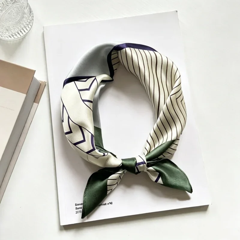 

Morandi Color Spliced Geometric Silk Scarf 53x53cm 100% MULBERRY SILK Vintage Green Edge Ladies Neck Wrap Business Accessory