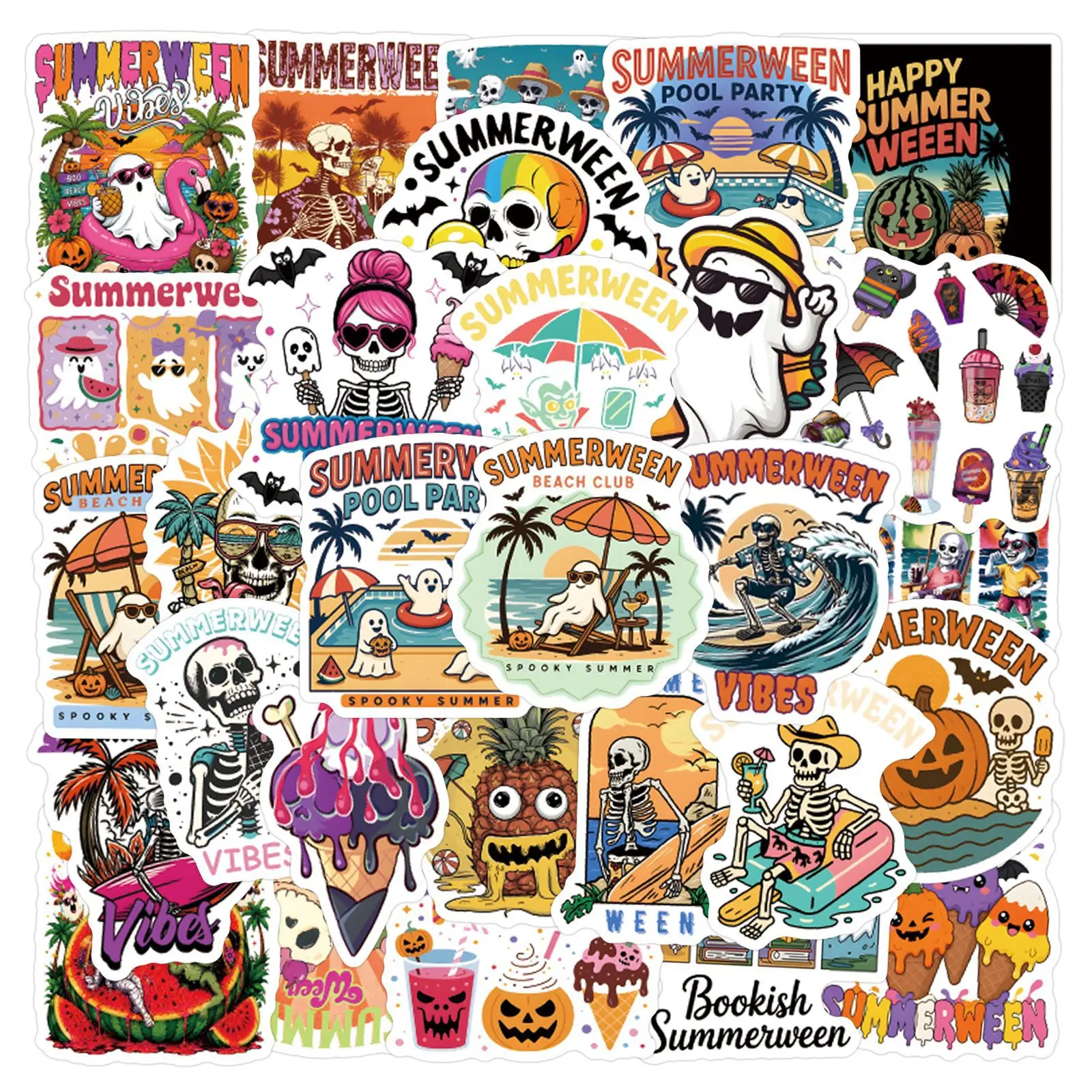 10/50PCS Summerween Graffiti Stickers Funny Skeleton Ghost Cartoon Creativity Decoration DIY Toys Laptop Guitar Car Bike Decals