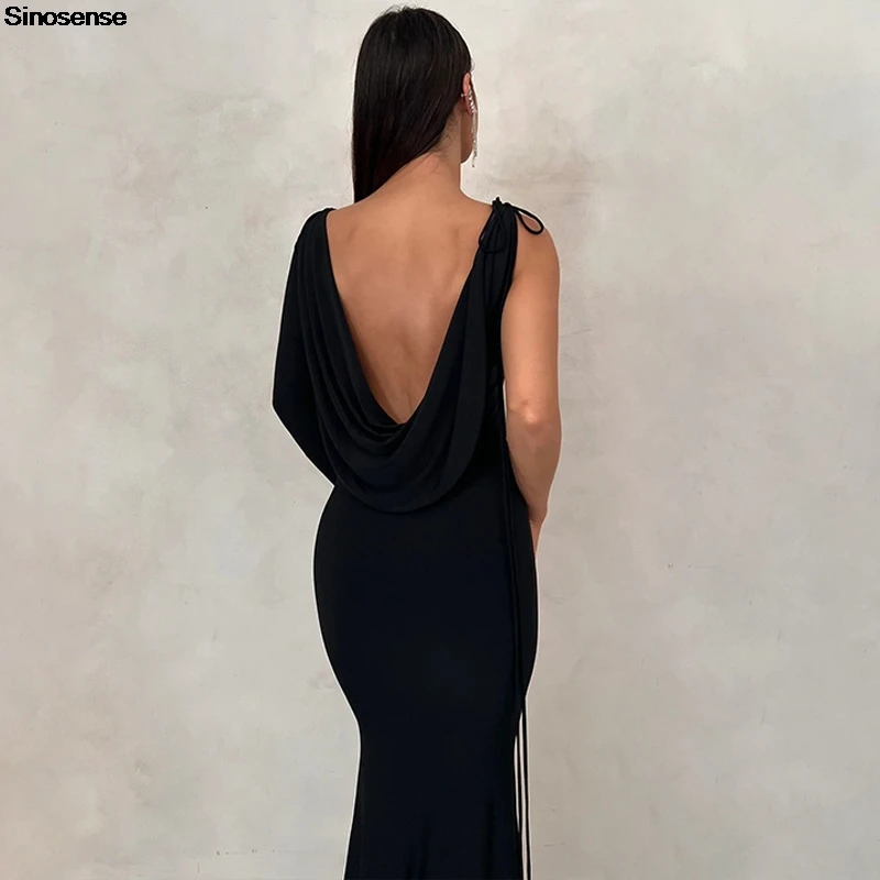 Womens Elegant Wedding Guest Cocktail Party Maxi Dress Sexy One Shoulder Long Sleeve Slim Bodycon Club Dinner Evening Dress