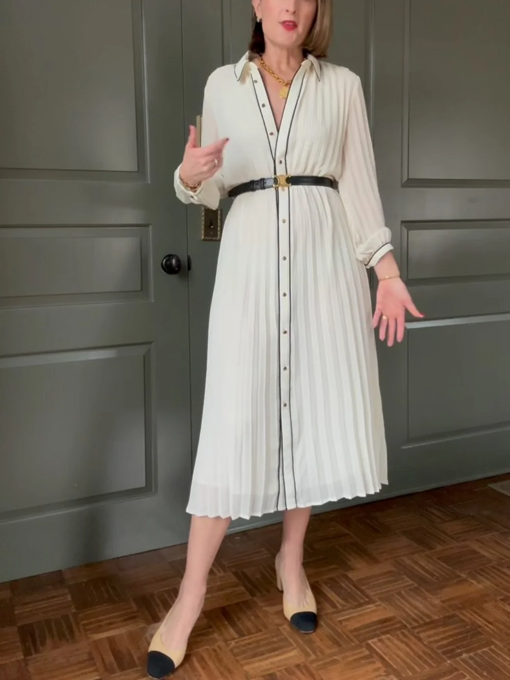 

Ladies elegant belted mid-length pleated shirt dress new spring and autumn fashion commuting party date formal elegant dress