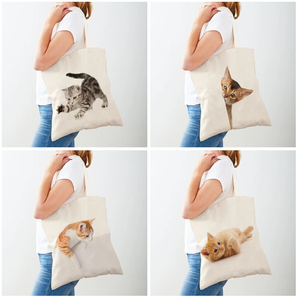 Casual Pet Cat Lady Shopping Bag Both Sided Print Reusable Canvas Fashion Wild Animal Travel Tote Handbag for Women Shopper Bags