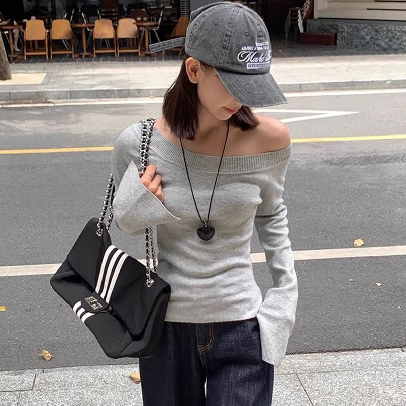 Sexy Pullovers Women Off Shoulder Cropped Knitted Basics Clothes Autumn Winter Side Slit Simple Tender Slim Gray Black Sweaters