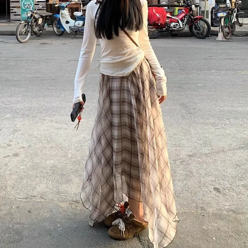 

Fashion Shallow Coffee Plaid Midi Skirts Spring Summer Korean Female Clothing Aura Irregular Vintage High Waist A-Line Skirts