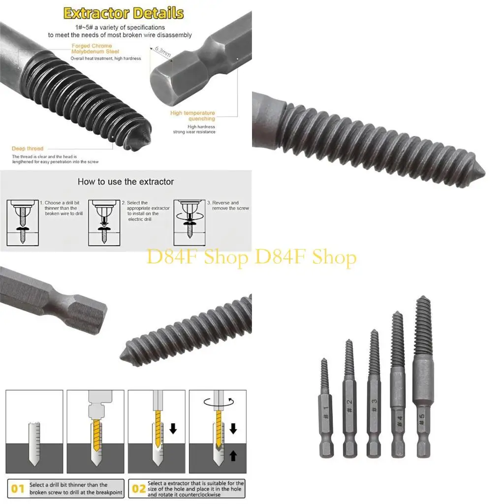 D84F 5pcs Heavy-Duty Damaged Screw Extractor Remover Breakage Bolt Extractor Drill Bit Guide Shank High Strength