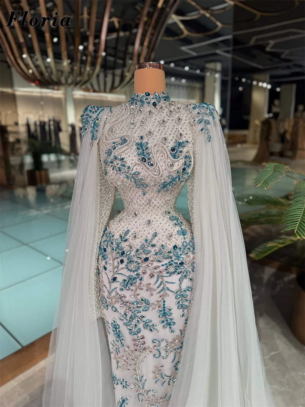 Middle East White Cape Sleeves Evening Dresses Blue Beaded Gorgeous Women Mermaid Red Carpet Runway Dress Customized Party Gowns