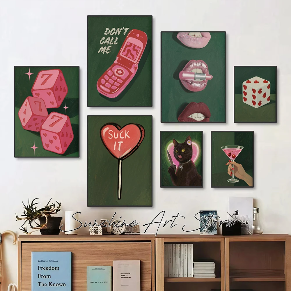 Girly Pink Lucky Dice Cats Martini Emotional Surreal Aesthetic Pink Trendy Art Poster Canvas Painting Wall Pictures Home Decor