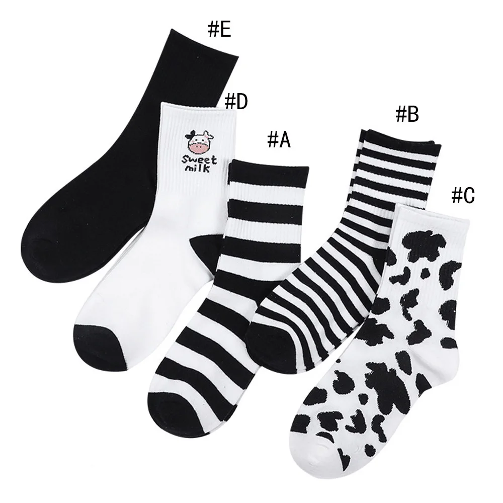 Funny Socks Striped Cow Print White Black Cartoon Sport Cozy Cute Girls Cotton Socks