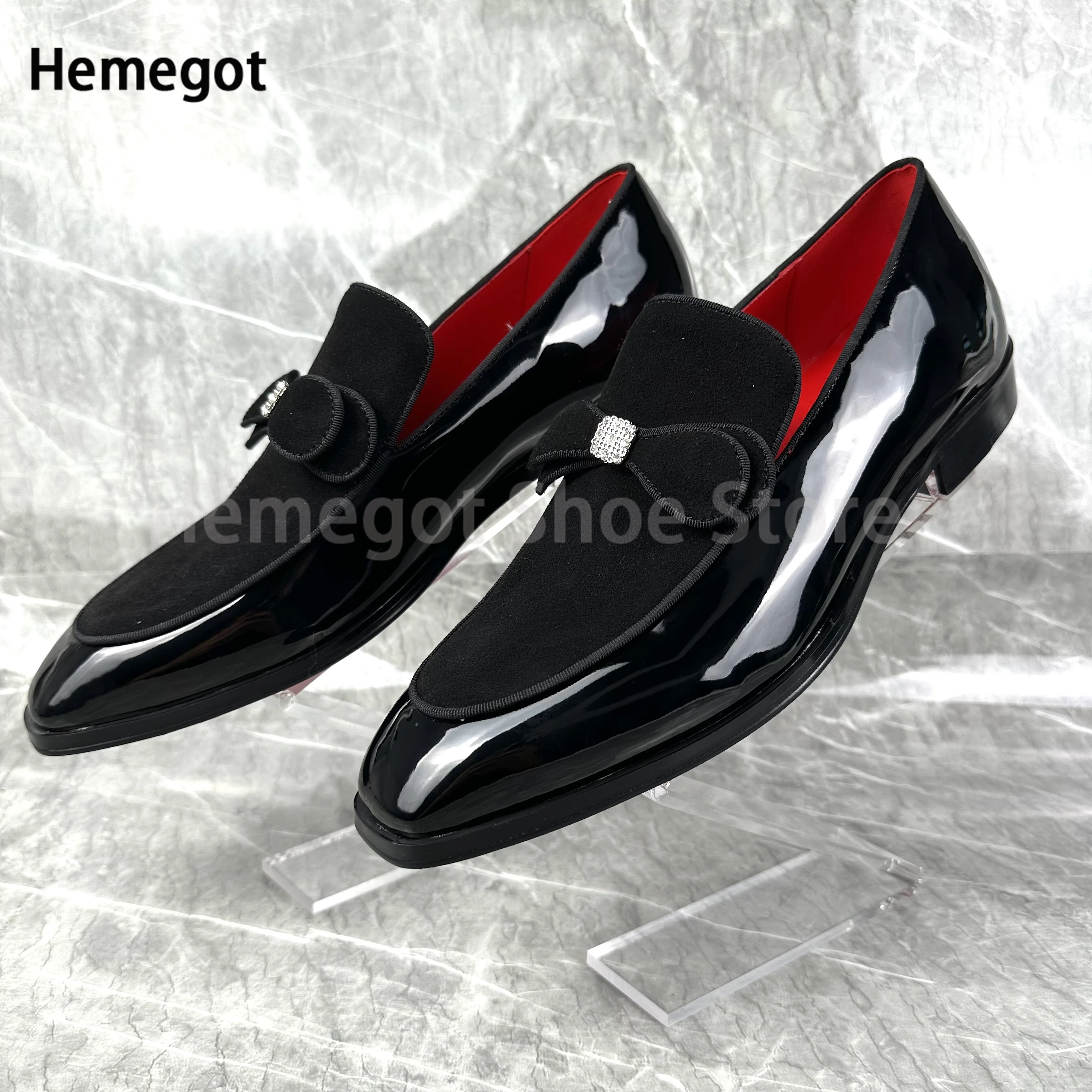 Bowknot Black Patent Leather Men Dress Shoes Square Toe British Style Loafers Formal High Quality Flat Wedding Office Shoes