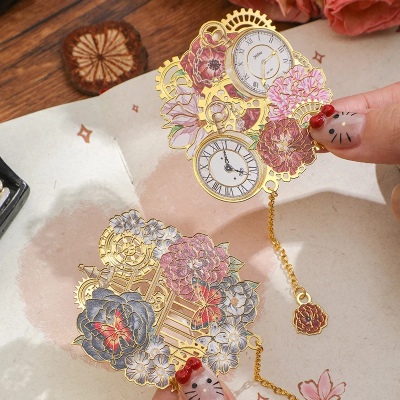 1pc Vintage Clock Flower Metal Bookmark – Metal Chain Pendant Reading Tool for Students Teachers Birthday Gift for Writers view 4
