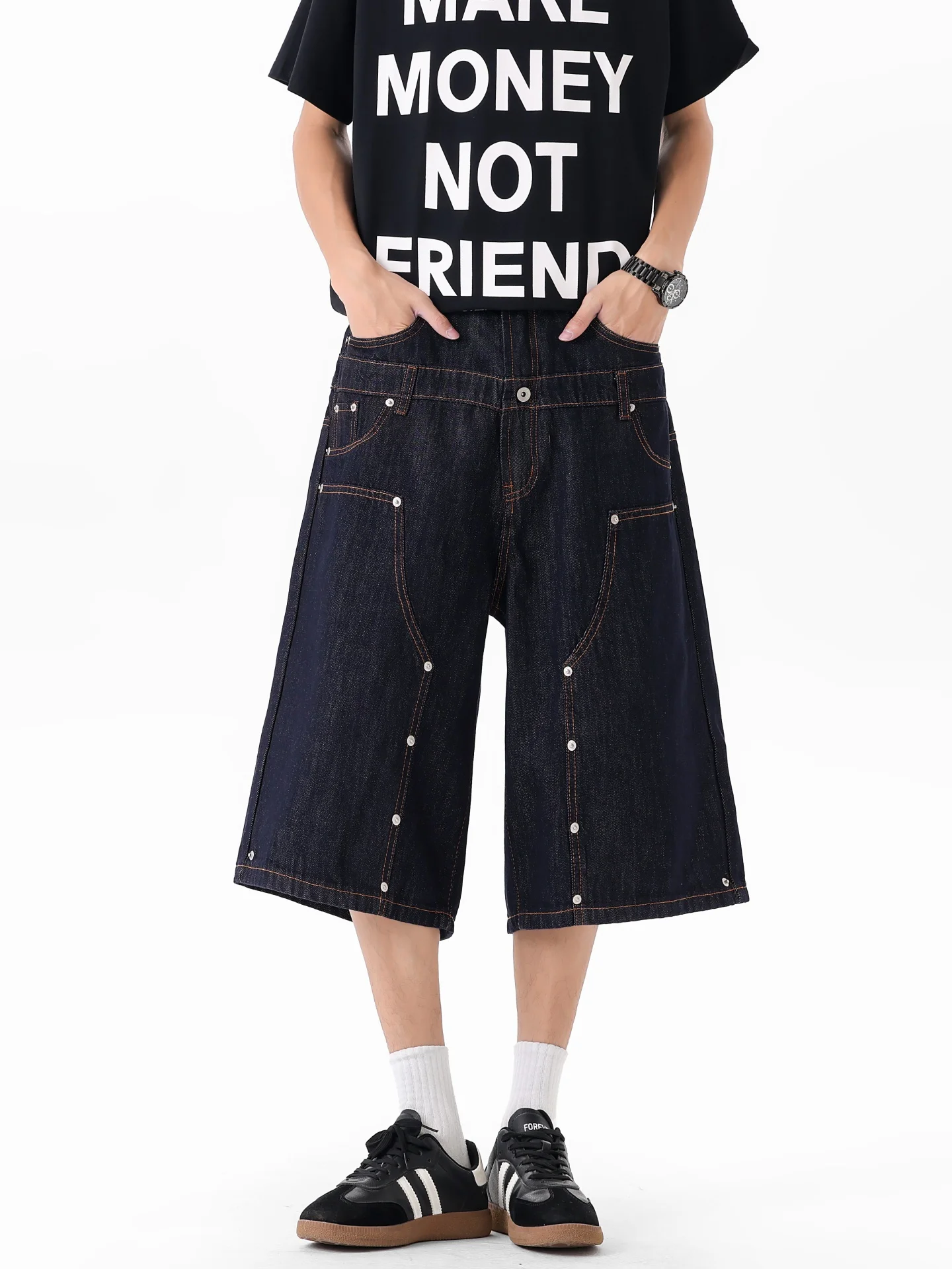 American Style Casual A-Line Straight Leg Double Waist Head Jeans Shorts for Men with Studs Loose Fit Workwear Seven-Foot Pants