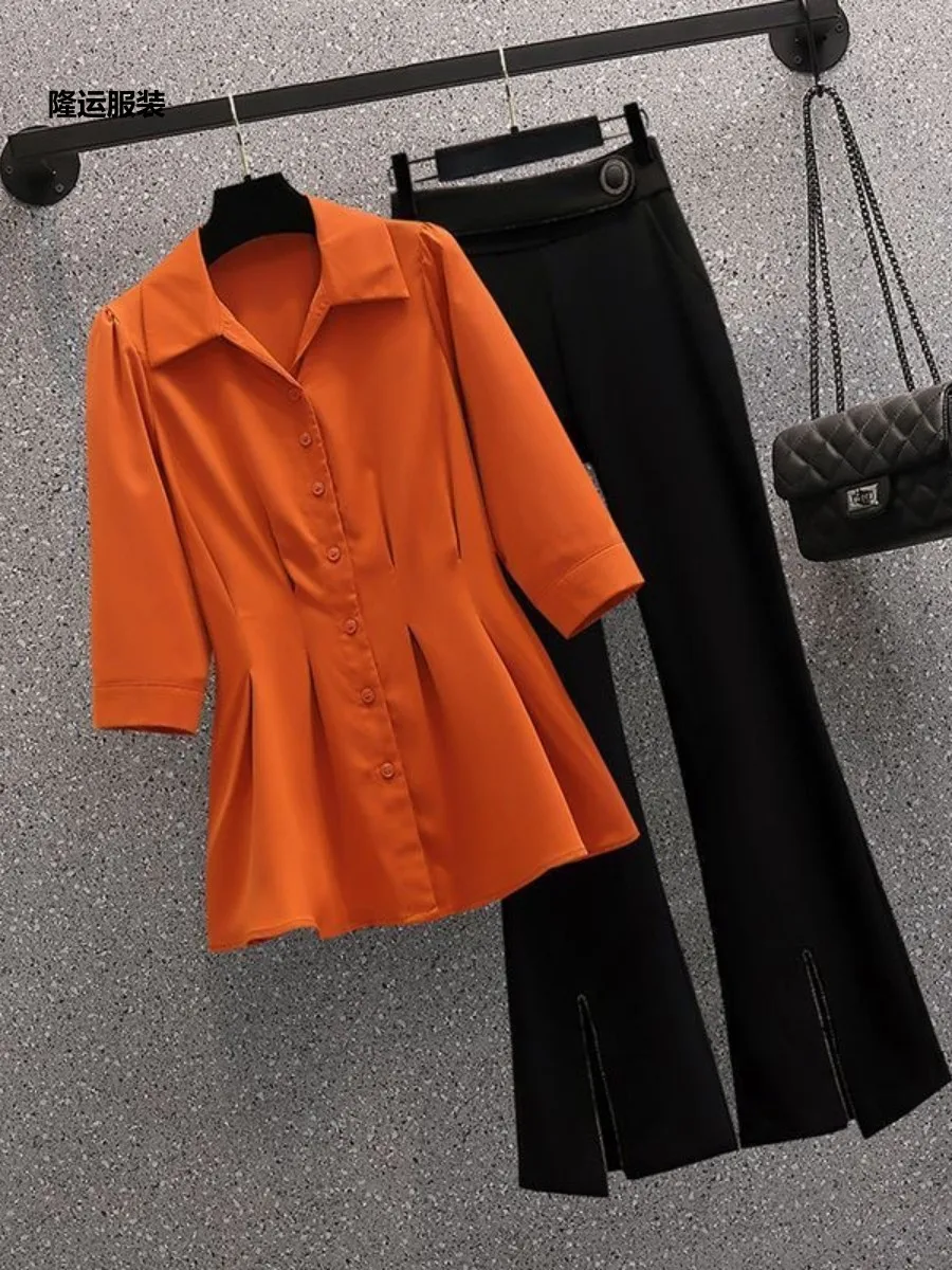 

2025 new fashionable large-size women's belly-covering slimming shirt versatile slit trousers fashionable two-piece set