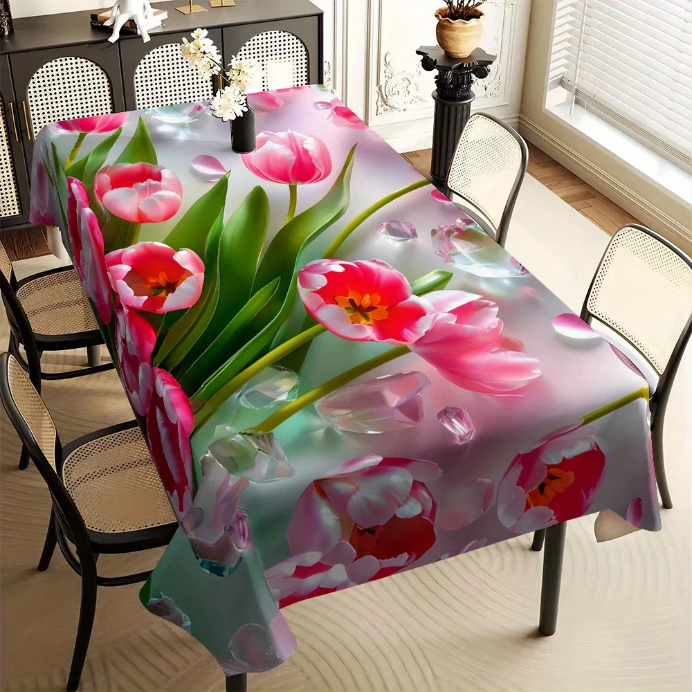 This Vibrant Tulip Print Tablecloth is Perfect for Camping, Picnics, Holiday Gatherings, and Parties. It is Suitable for Square and Rectangular Tables, Outdoor Dining, Party Decor, Decorative Table Cover, Durable Material, Wrinkleresistant, Reusable