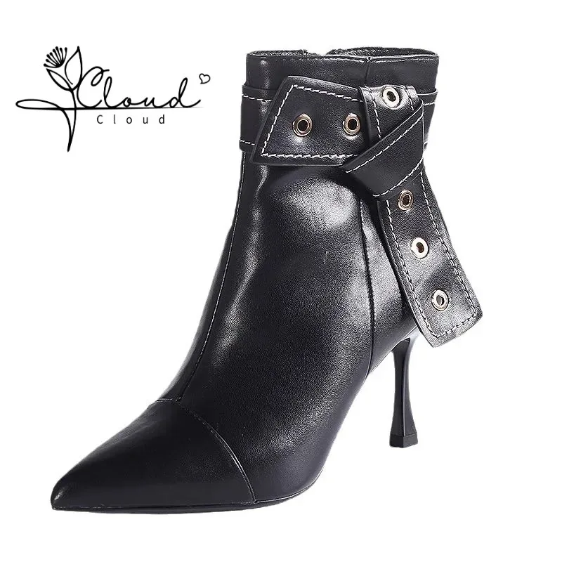 

2024 Autumn and Winter New European and American Rivet Pointed High Heel Ankle Women Boots Women's Heel Side Zipper Ankle Boots