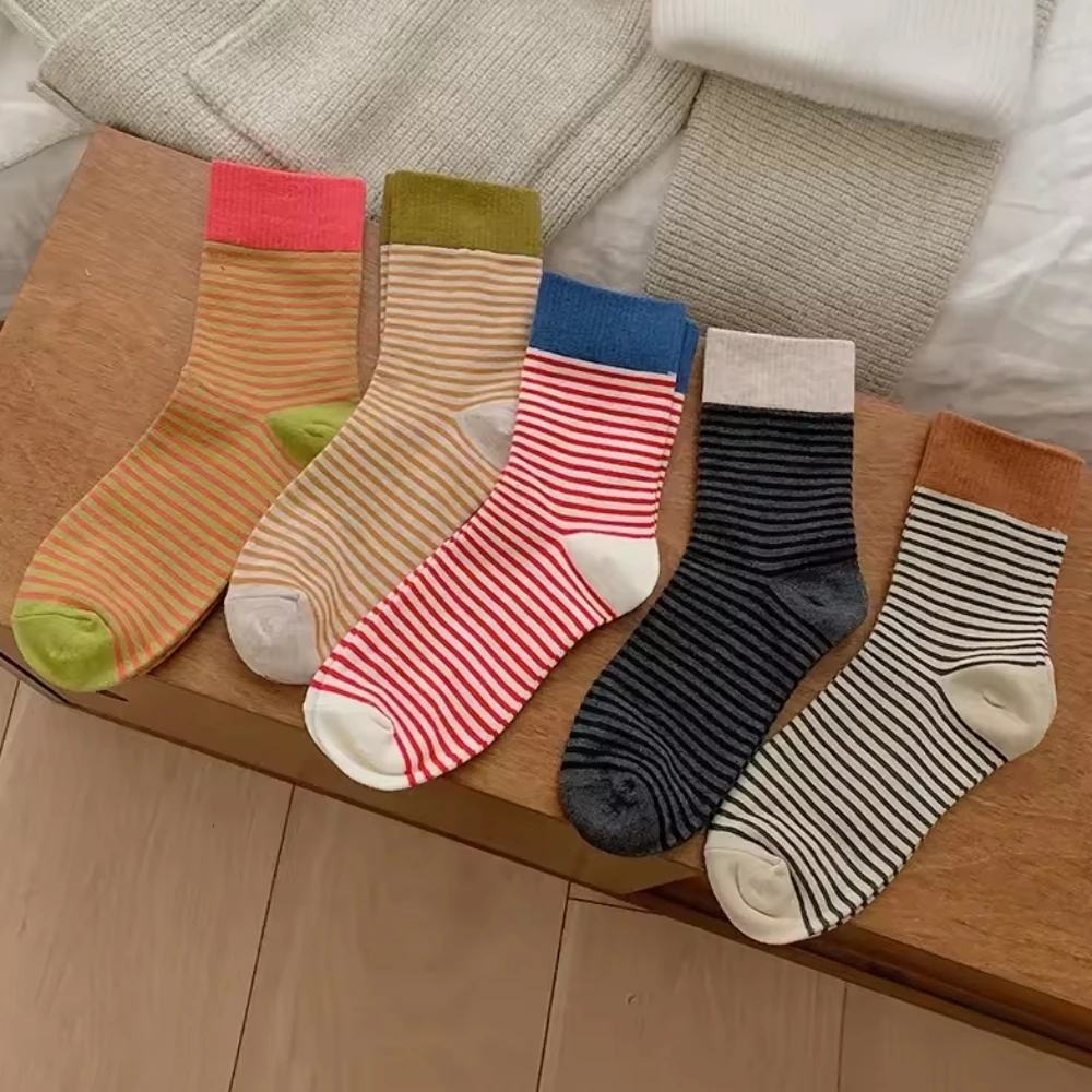 

1 Pair Striped Women Socks Autumn Winter Knitting Cotton Harajuku Vintage Crew Socks College Style School Girls Long Socks