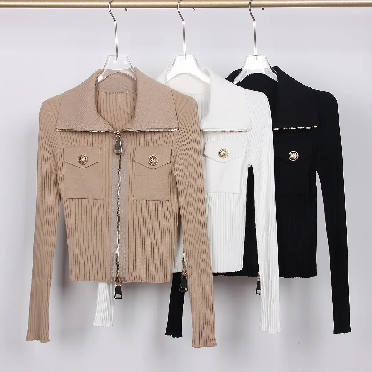 Spring 2024 new arrivals knitwear collection gold button long sleeve women fashion zip cardigan