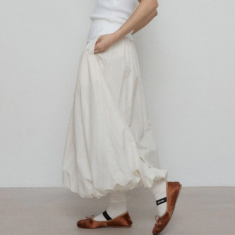 Japanese Fluffy Flower Bud A-line Skirt Women Korean High Waist Elastic Long Skirts Woman Solid Color Streetwear Skirt Female