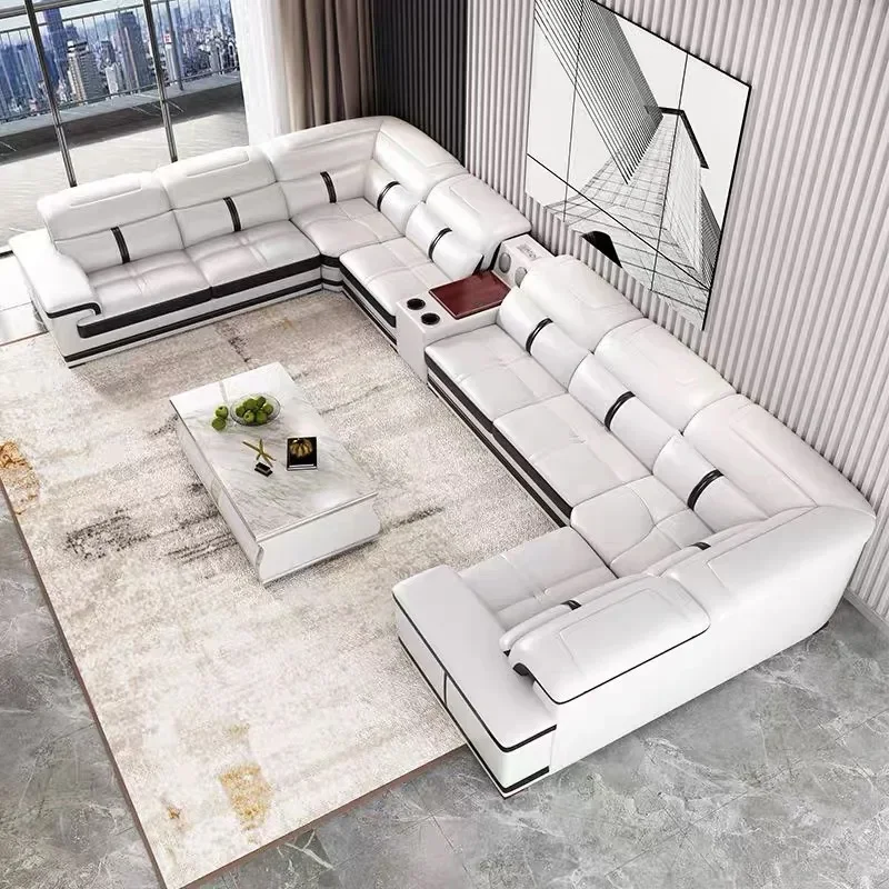 Custom luxury design genuine leather u shaped sectional sofas bed set corner u-shaped sofa couch living room furniture