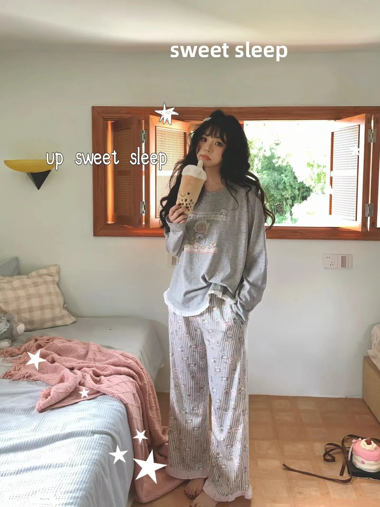 sweet-cartoon-bear-home-clothes-set-women's-long-sleeve-cotton-sleepwear-comfortable-soft-round-neck-overhead-style
