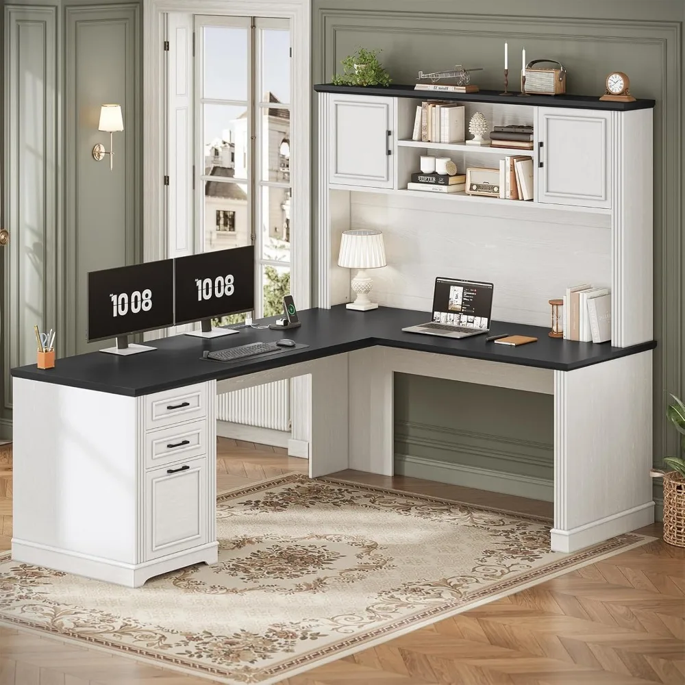 

L Shaped Desk with Hutch and 3 Drawers, 68.9" Executive Office Desk with File Drawer and Power Outlet, Corner Computer Desk