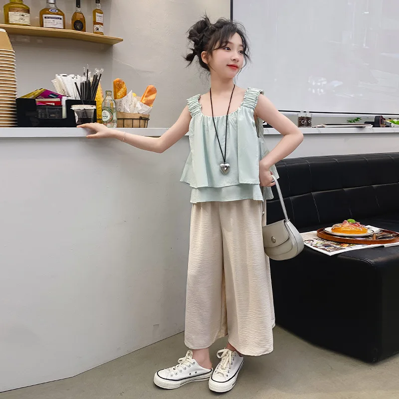 

Girls Suits Baby Dress Summer Set 2024 New Style Summer Dress Girls Halter Wide Leg Pants Two-piece Set Clothes Simple Casual