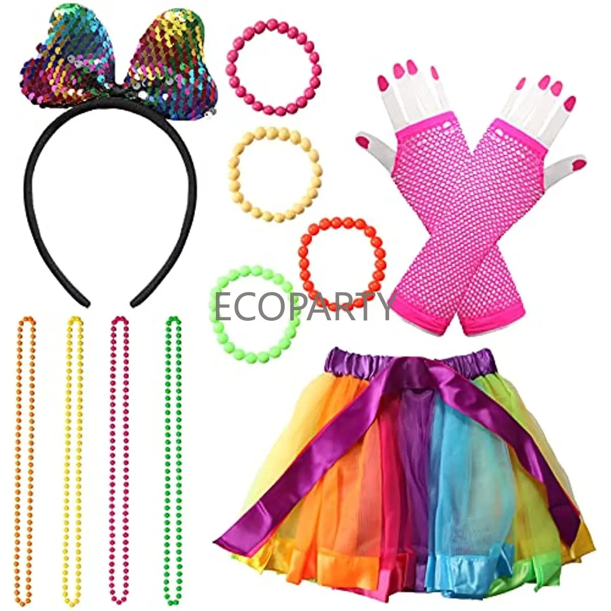 80 Fancy Dress Costume Accessories Rockstar Dress Neon Rainbow Tutu Rainbow Glove Bracelets Necklaces Lace Bow Headband Set