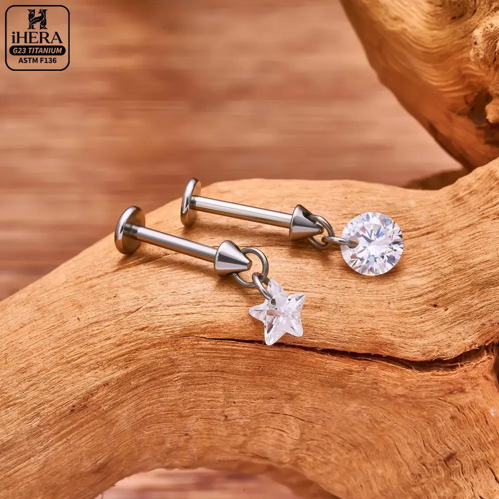 ASTM F136 Titan Gewindelose Dangle Star Pear Triangle CZ Blumen Flat Back Labret Lippen-, Ohr-, Tragus-, Helix-, Knorpelpiercing-Set – Detail 7