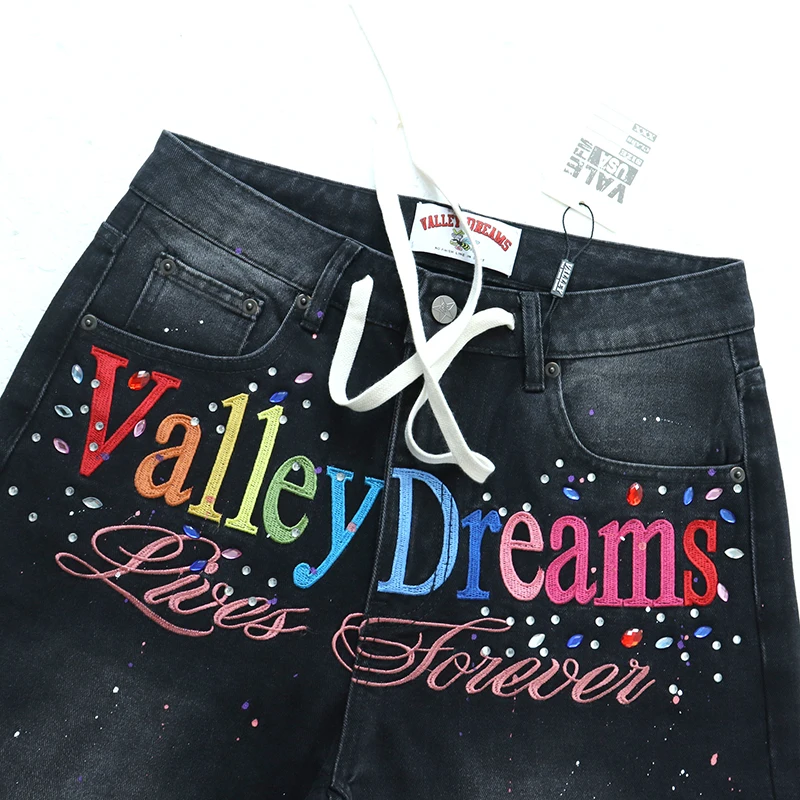 VALLEY Hip Hop Wide Leg Denim Pants Colorful Script Letter Print Ink Splash Spot Drawstring Street Jeans