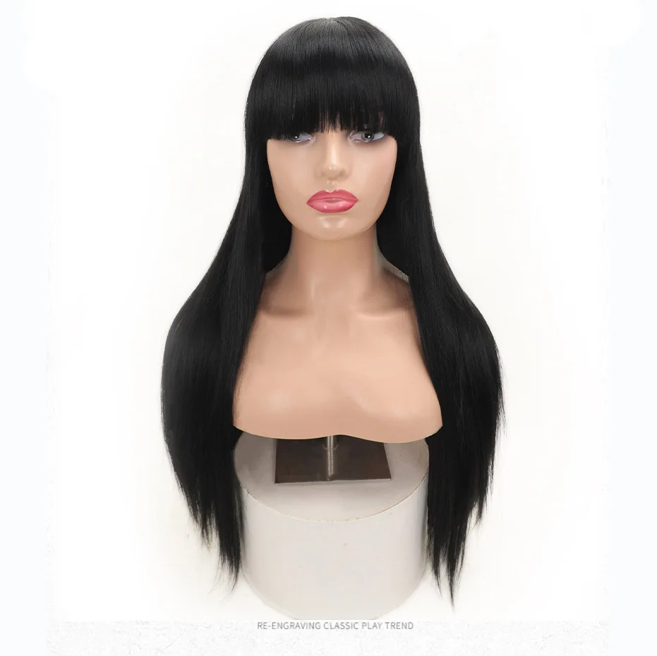 Color Brown Wine Orange Pink Black Bone Straight Synthetic Hair Caps,Silk Straight Layered Synthetic Hair Blend Wigs With Fringe