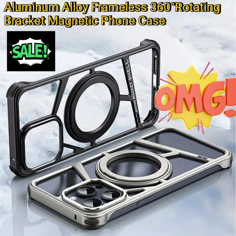 

For Iphone 16 15 14 Pro Max Heat Dissipation Protector Cover Aluminum Alloy Frameless 360°Rotating Bracket Magnetic Phone Case