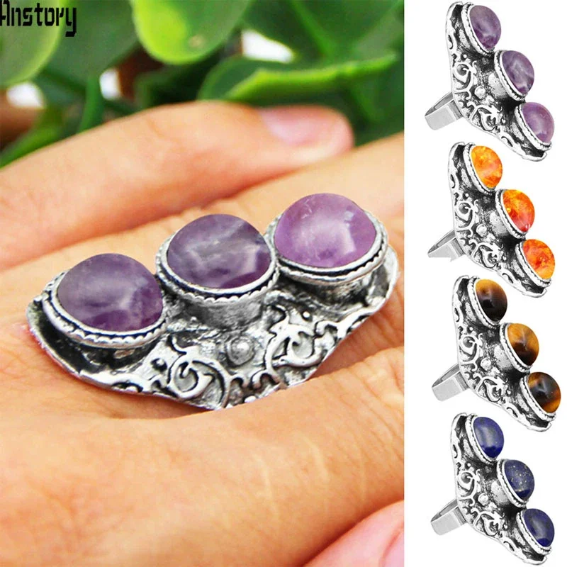 

Vintage Natural Lapis Tiger Eye Quartz Rings For Women Antique Silver Plated Three Stone Adjustable Fashion Ring TR751