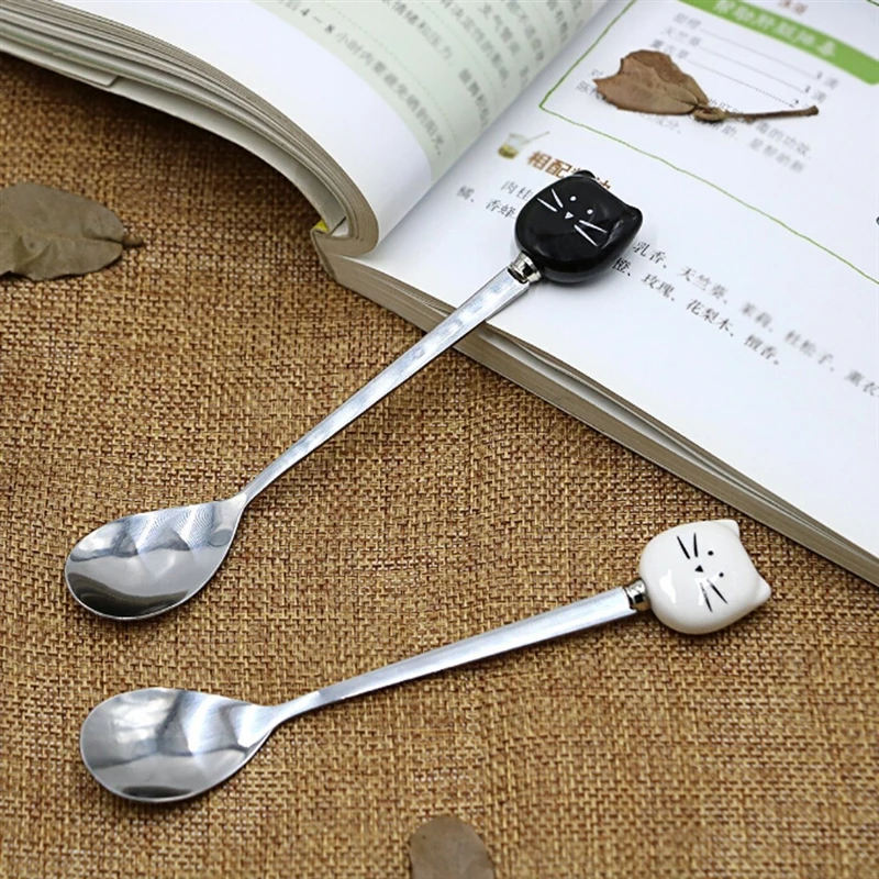 1Pcs /Pack Flatware Kitchen Tool Ice Cream Cartoon Spoon Stainless Steel Long Coffee Cat Handle Ceramic Fruit Fork