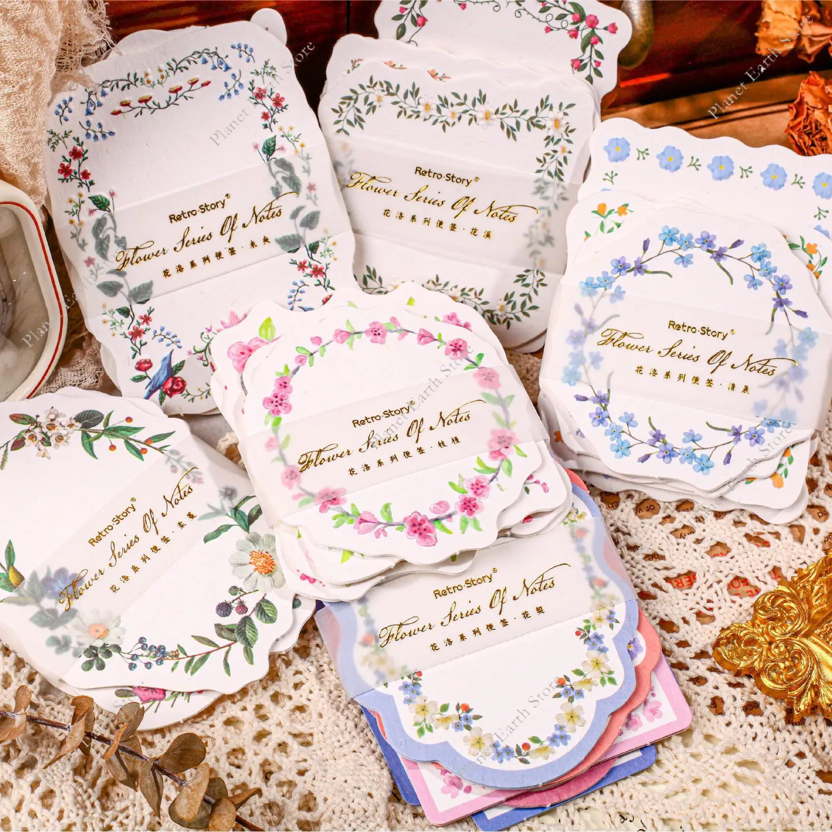 20/40Pcs Flower Series Vintage Flower Border Memo Pad Collage Scrapbook Material Paper Creative DIY Decoration Notes & Messages