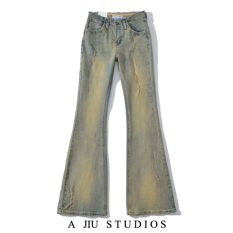 

Low Waist Distred Denim Jeans Women's Slim Fit Floor Length Bell Bot Vintage Yellow Mud Wa Slimming Trousers