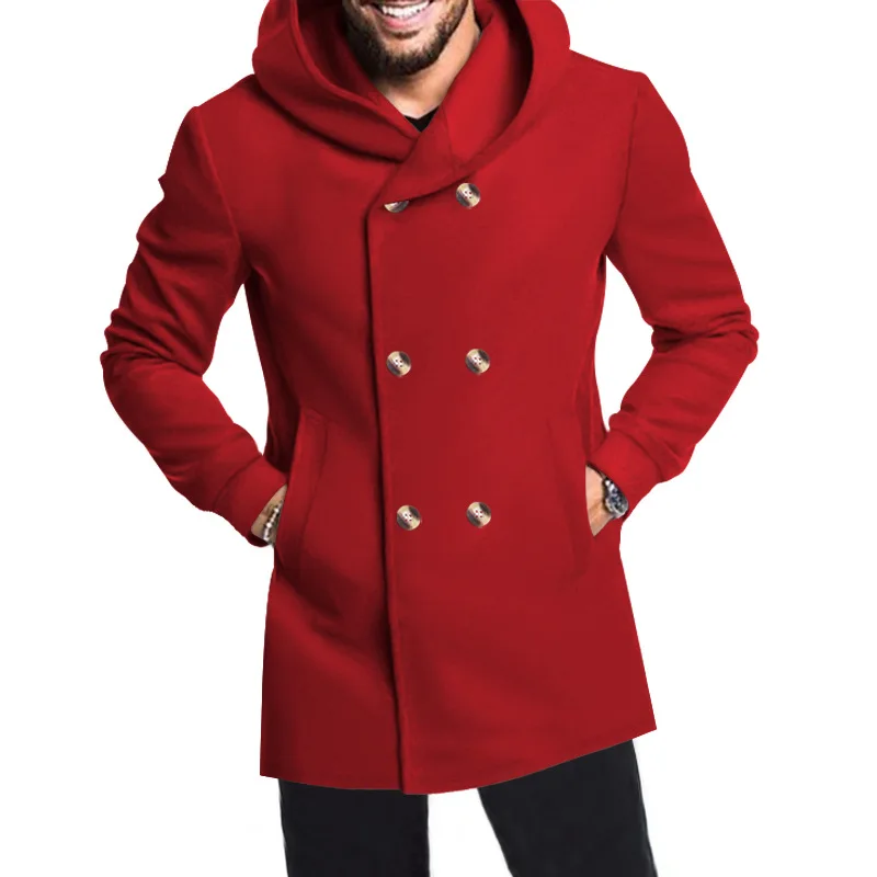 

Men's Slim Fit Mid-Length Hooded Coat Pure Color Casual Outerwear Faionable Urban Sle Long Sve Double-Breasted Button
