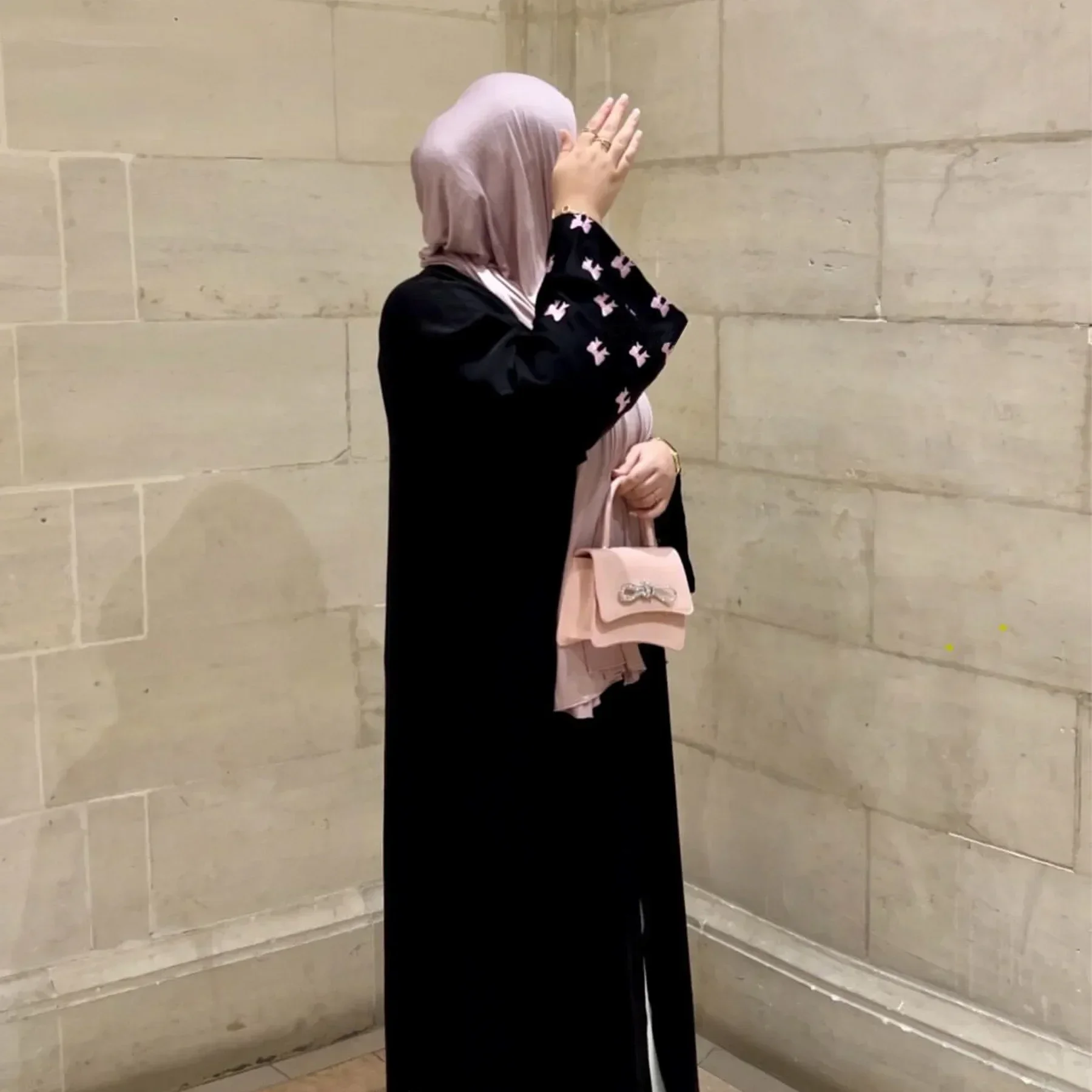 Eid Bow Sleeve Open Abaya Kimono Haft Czarny Muzułmanin Saudi Gulf Abayas dla kobiet Dubaj Luksusowe Tureckie Islamskie Ubrania Kaftan