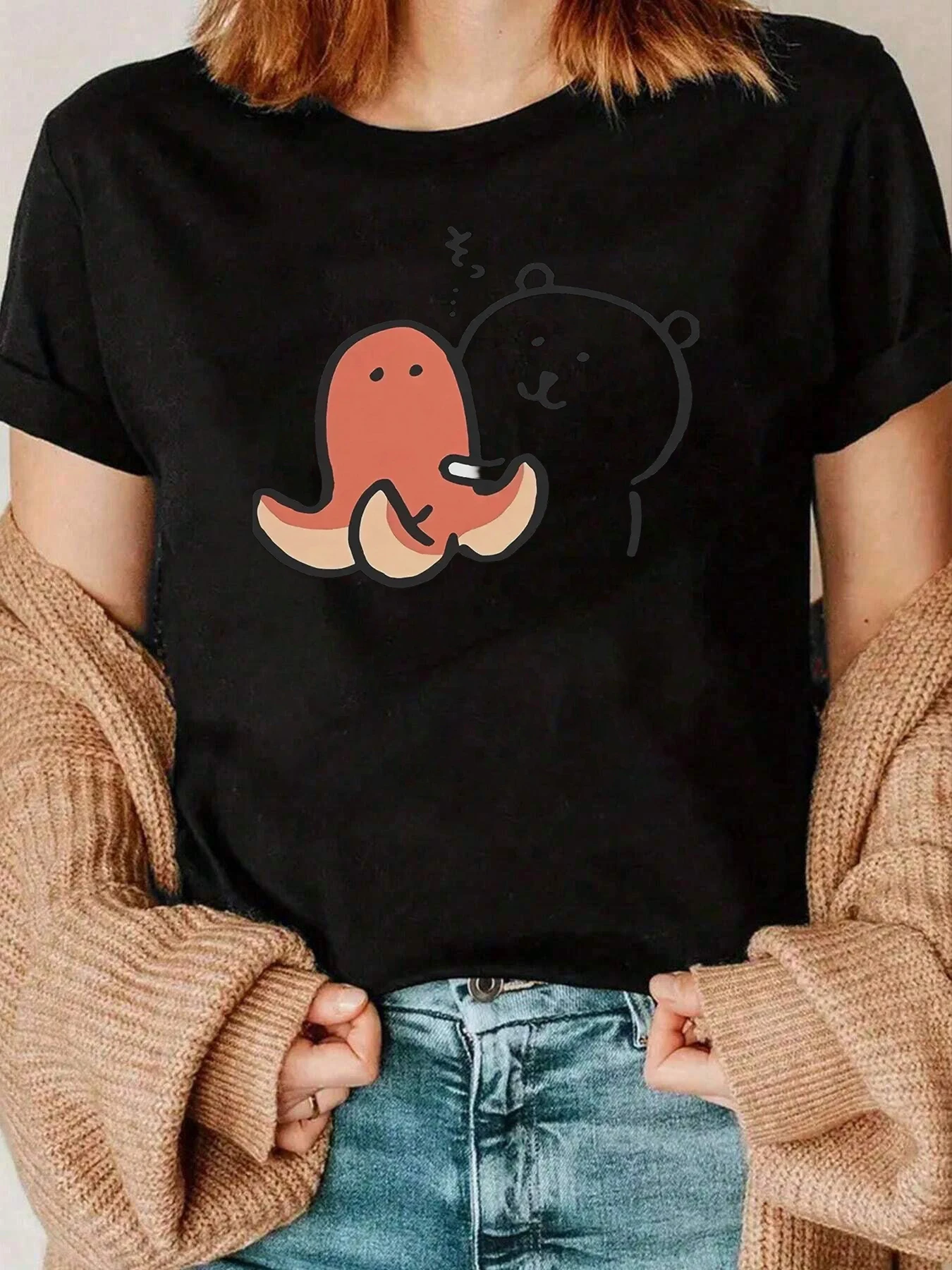 Camiseta con estampado de pulpo y oso, ropa informal para mujer 220g