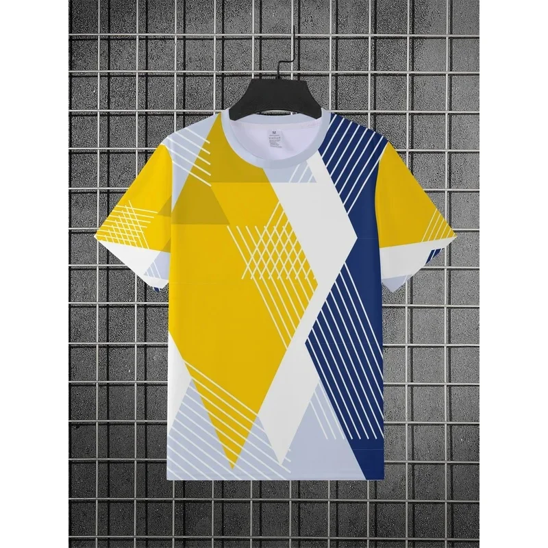Men's Yellow Blue Geometric Striped T-Shirt Crew Neck Short Sleeve Casual Streetwear