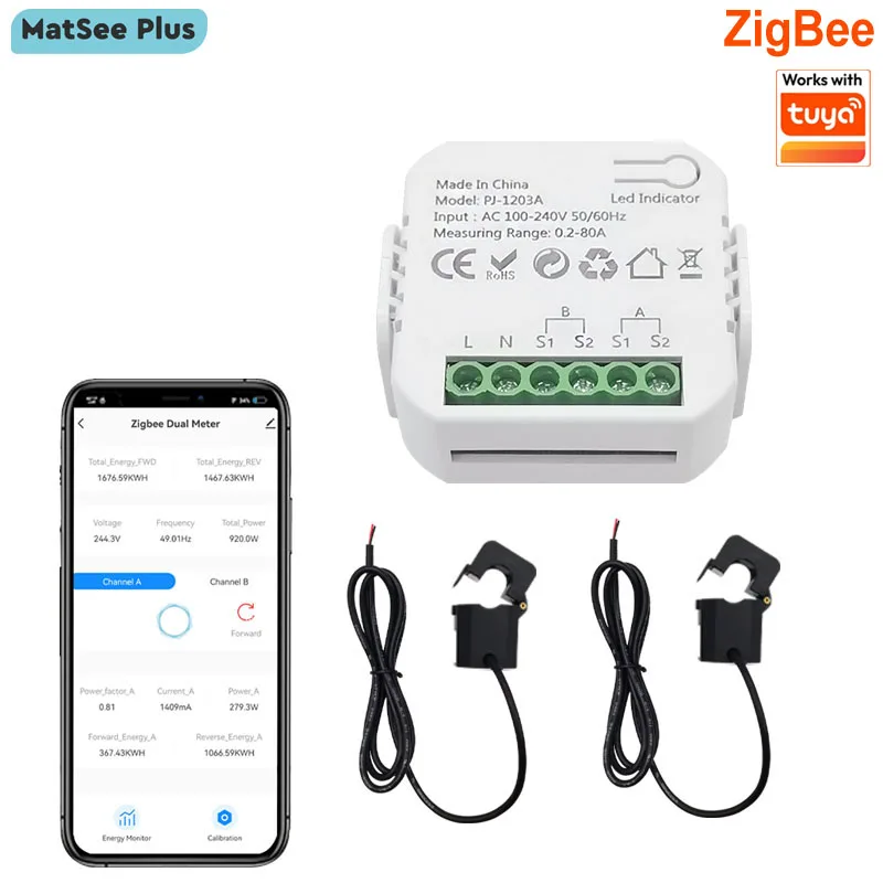 Intelligenter ZigBee Energiezähler Bidirektional 1, 2 Kanäle mit Stromwandler-Clip App-Monitor Leistungsüberwachung 80A 110V/240V 50/60Hz – Detail 1