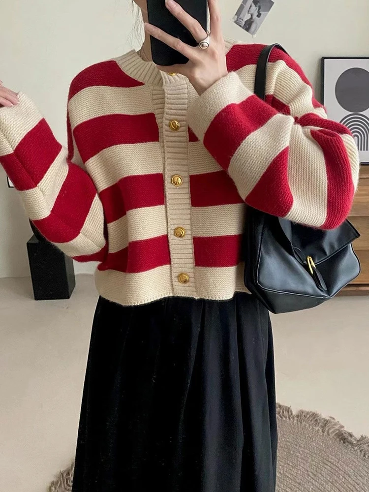 Korean Fashion Sweater Cardigan Women Knitted Striped Sweater Autumn Winter Long Sleeve Loose Short Cardigans Female Casual Tops