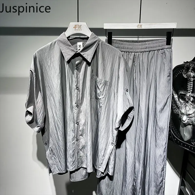 

Summer Light Thin Short-sleeved Shirt Trousers Suit Men's Loose Casual Handsome Shirts Long Pants Men Bottom Male Clothes