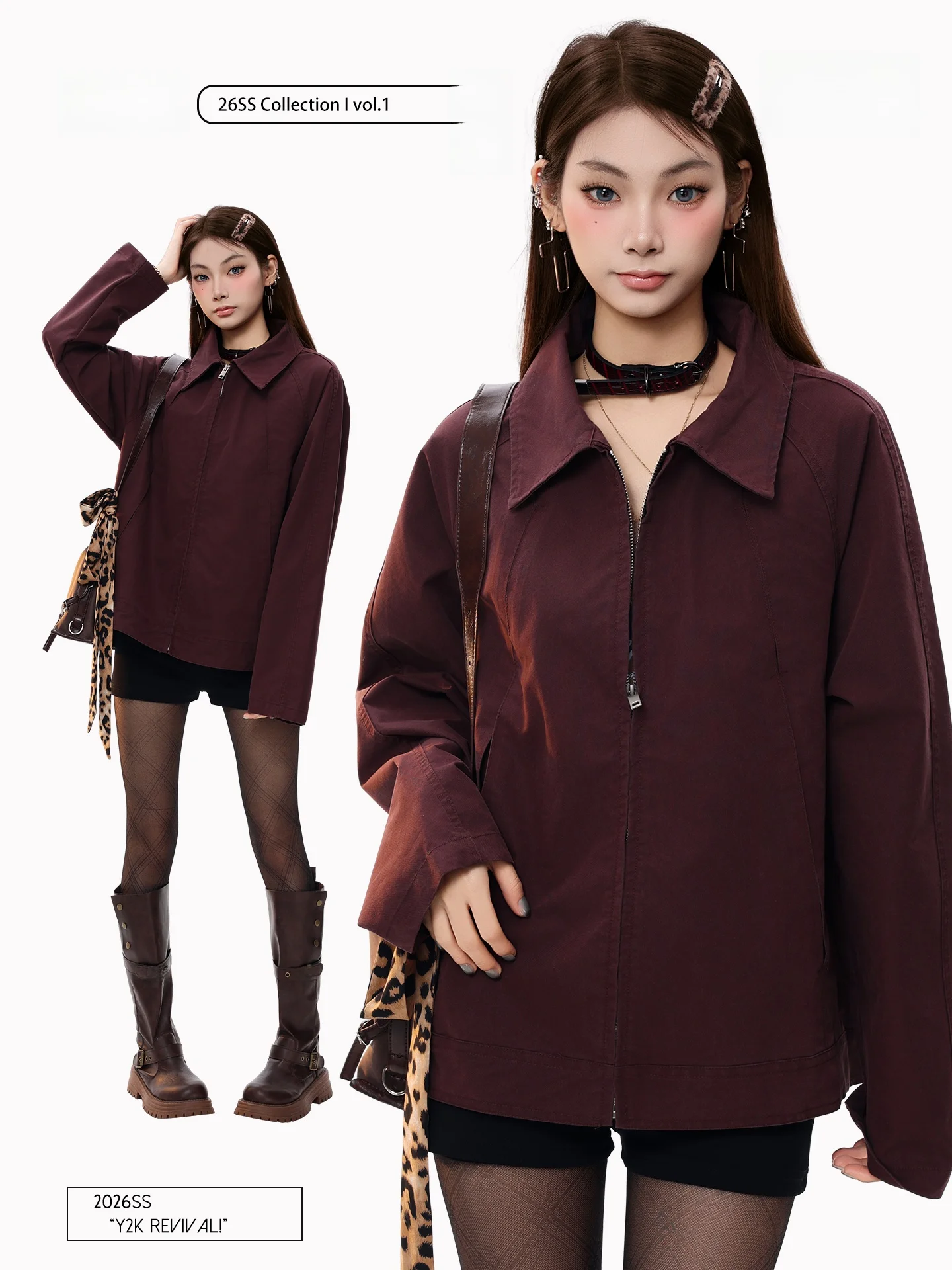 

PBB American Retro Waed Red Jaet Women's Loose Versatile Zipper Top Workwear Outerwear Spring Straight Tube Cotton ort ...