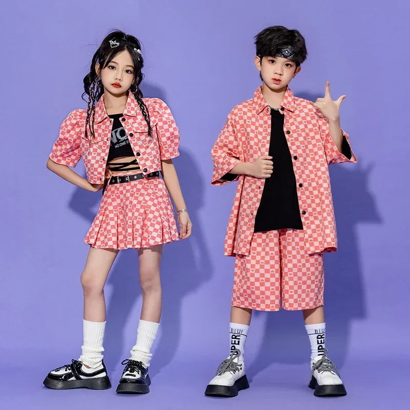 Menina hip hop dança traje crianças rosa xadrez camisa calças superiores crianças jazz rua desempenho conjuntos de roupas
