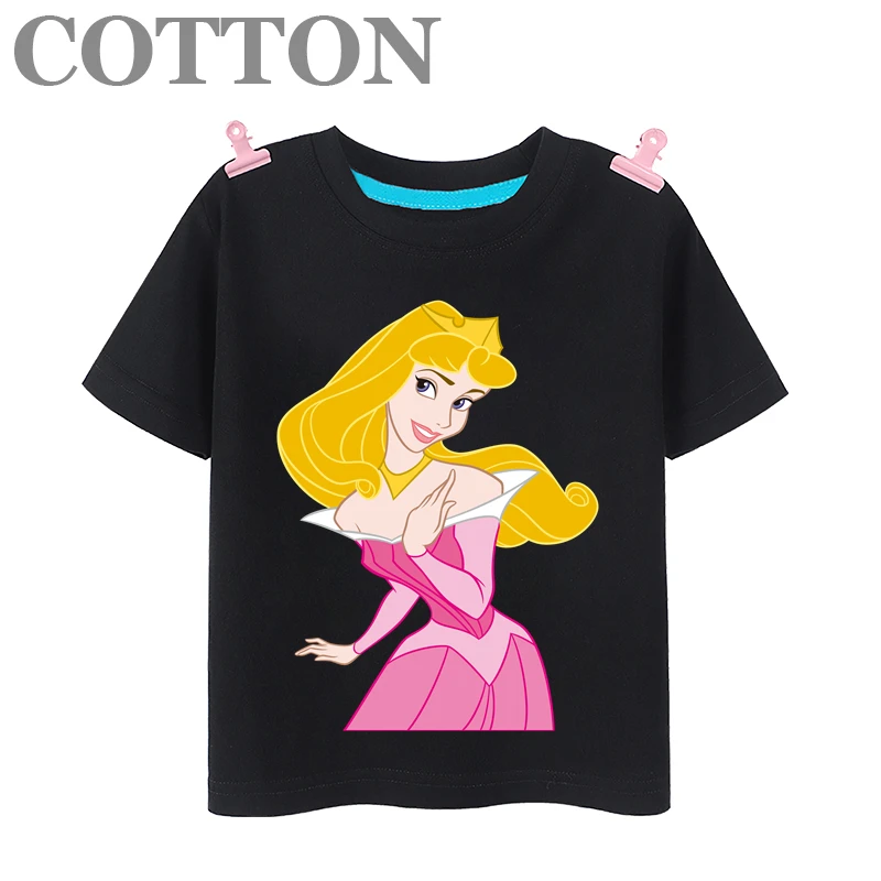 Beautiful Princess Aurora Disney Anime Fashion Cotton Summer Children\'s Cartoon T-shirt Round Neck Short Sleeve Print Pattern