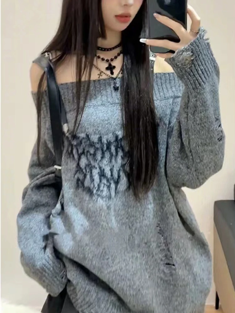 American Retro Fashion Classical Knitwear Sweater Slash Neck Off Shoulder Long Sleeve Ripped Hole Pullovers Chic Y2K Streetwear