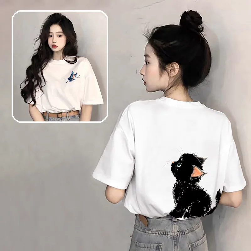 

Cotton short sleeved women T-shirt 2025 new hot summer round neck top loose and comfortable European kitten print fashionable T-