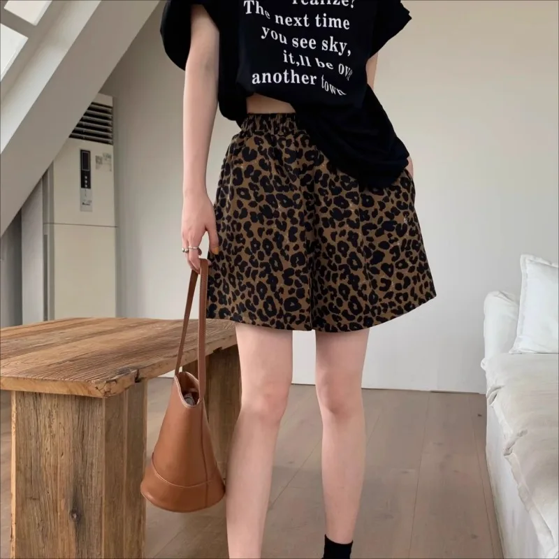 Shorts Women Leopard Wide Leg Chic High Waist All-match Temper Casual Sweet Spicy Girls Popular Summer Streetwear Vintage Y2k