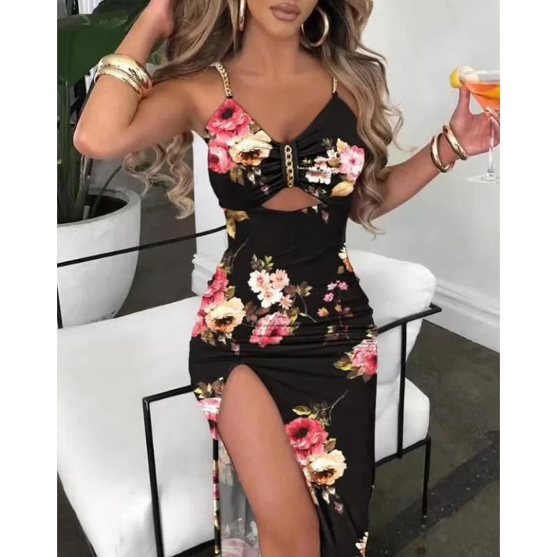 2024 Summer New Women's Sexy Chain Shoulder Strap Split Printed Sling Dress Female Fashion Skinny Hollow Out A-line Dresses